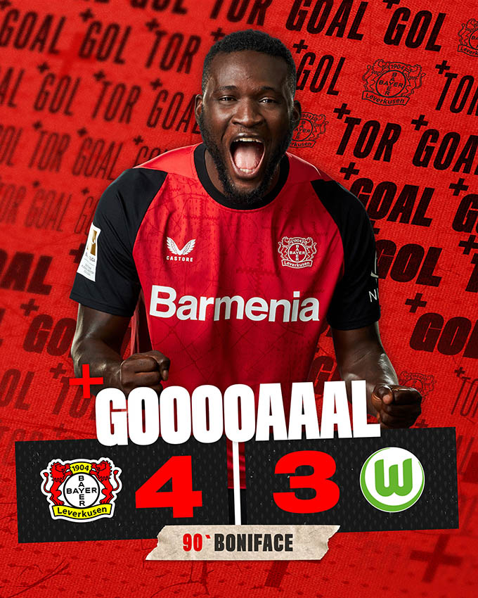 Bayer Leverkusen Nghẹt Thở Đánh Bại Wolfsburg 4-3 Trong Trận Cầu Kịch Tính